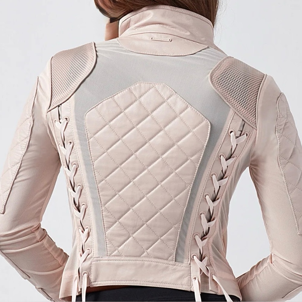 Blanc Noir Leather and Mesh Light Pink Moto Jacket XS